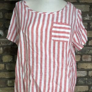 100% Linen Shirt Striped Short Sleeve Loose Fit Boho Flowy Red White